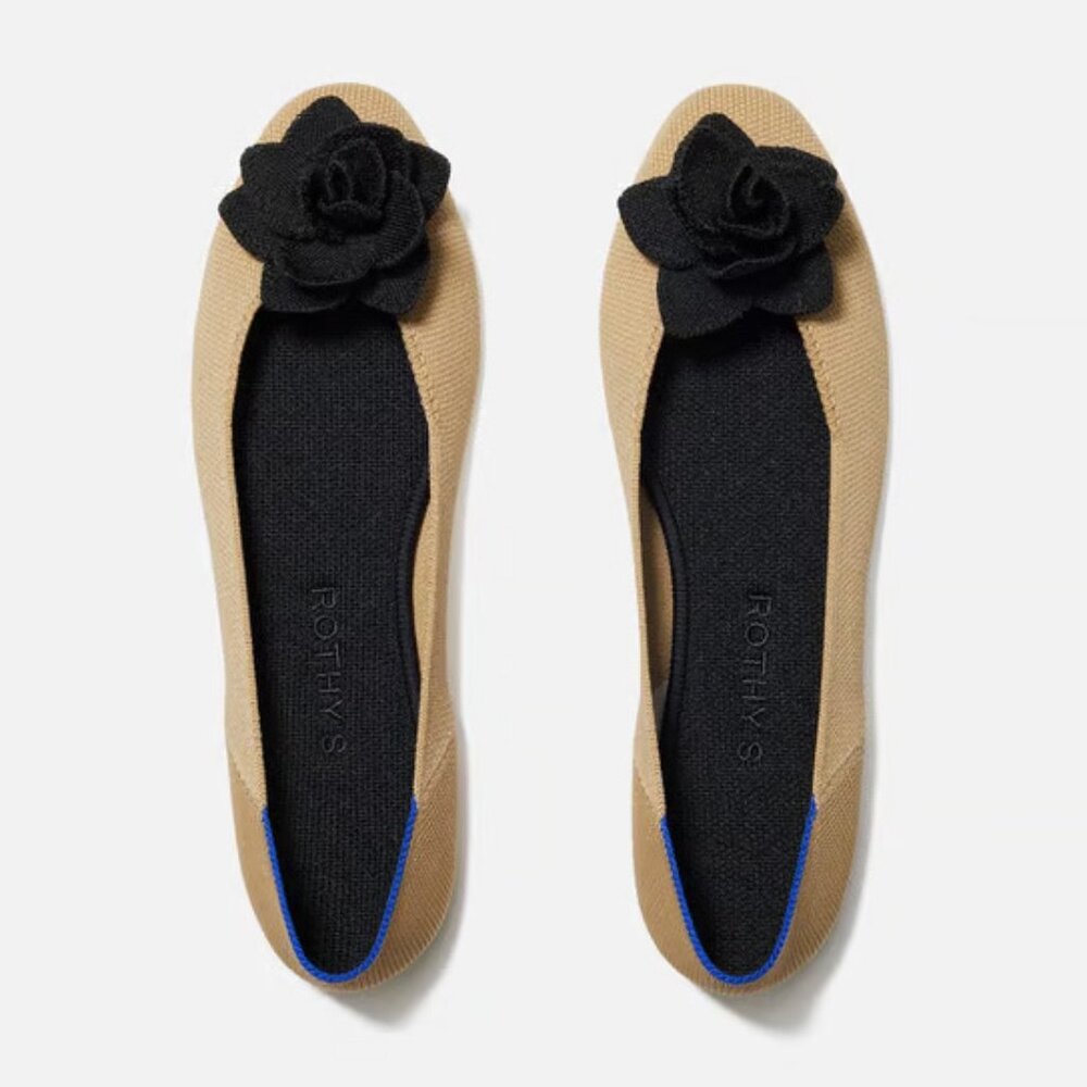 Rothy’s The Petal Square Toe Flats in Sand Soiree tan and black 9.5 worn 1x